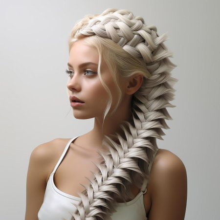 chloe, a stunning 3d model, poses against a crisp white background, showcasing her intricate fishtail braid hairstyle, perfectly capturing the essence of modern beauty and hairstyling trends, ideal for fashion and beauty enthusiasts, hairstylists, and 3d art lovers alike. ai generatedの素材