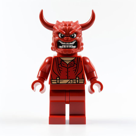 the demon figurine, crafted from vibrant lego bricks, stands menacingly on a pristine white background, its intricate details and bold colors popping against the stark contrast, showcasing the creativity and artistry of lego building and miniature design. ai generatedの素材