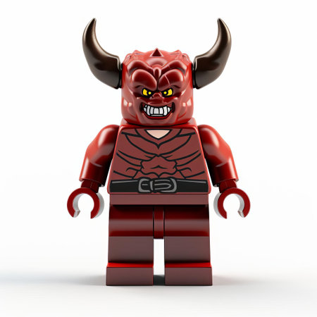 the lego demon, with its vibrant red skin and menacing horns, stands proudly on a pristine white background, showcasing its intricate details and full body pose, perfect for fans of fantasy and toy photography enthusiasts seeking high-quality images of isolated lego figures. ai generatedの素材