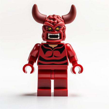 the demon figurine, crafted from iconic interlocking lego bricks, stands proudly isolated on a pristine white background, showcasing its intricate details and vibrant colors, perfect for fans of fantasy and miniature models, or those seeking a unique decorative piece for their desk or shelf. ai generatedの素材