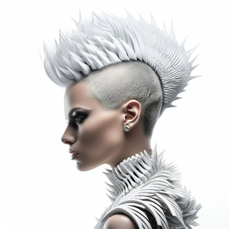 the 3d female model stands confidently against a pristine white background, her edgy personality showcased by her vibrant, brightly colored mohawk hairstyle, which adds a bold touch to her futuristic, cyberpunk-inspired aesthetic, perfect for sci-fi and fantasy art enthusiasts. ai generatedの素材