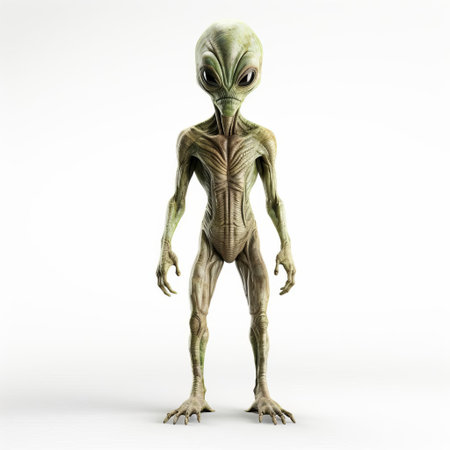 the alien, a fascinating extraterrestrial being, stands isolated on a pristine white background, showcasing its full body in stunning 3d detail, complete with intricate features and vibrant colors, perfect for sci-fi enthusiasts and digital artists seeking high-quality visual elements for their projects. ai generatedの素材
