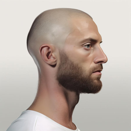 the 3d male model stands proudly against a crisp white background, showcasing a stylish high and tight haircut, perfectly blending modernity with a touch of sophistication, ideal for fashion, beauty, and lifestyle visual representations. ai generatedの素材