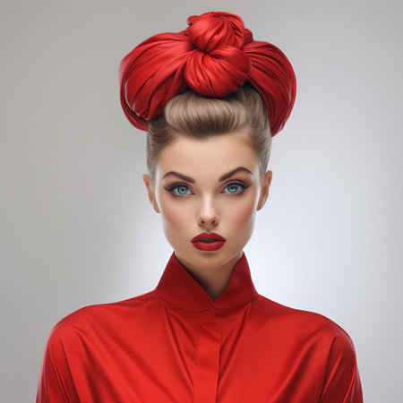 scarlett, a stunning 3d model, poses against a crisp white background, showcasing her trendy top knot hairstyle, perfectly capturing the essence of modern fashion and beauty, with intricate details and vibrant colors that pop against the clean backdrop. ai generatedの素材