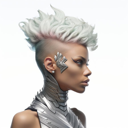 the edgy 3d female model stands out against a crisp white background, showcasing her bold and trendy mohawk hairstyle, perfect for modern digital art, futuristic designs, and avant-garde visual projects that require a touch of rebellious chic and futuristic flair. ai generatedの素材
