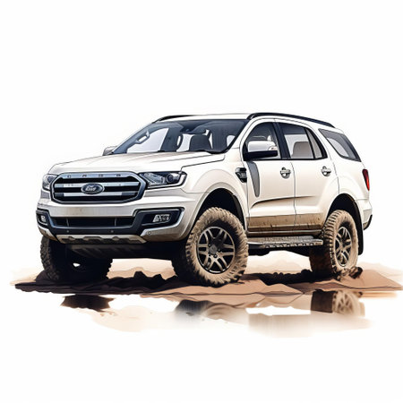 the ford everest, a rugged and powerful suv, stands proudly on a pristine white isolated background, showcasing its robust design, aggressive lines, and imposing stance, perfect for adventurous souls and outdoor enthusiasts seeking a reliable off-road companion. ai generatedの素材