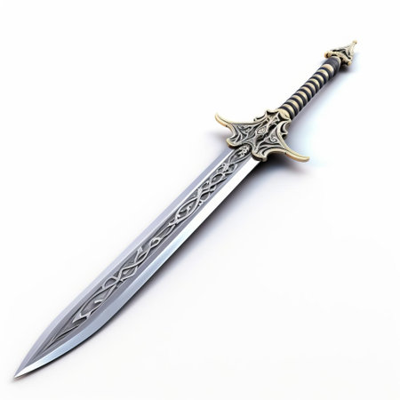 the schiavona sword, a 16th-century italian renaissance-era weapon, stands out against a pristine white background, showcasing its intricate 3d design and curved single-edged blade, perfect for historical reenactments, cosplay, or as a decorative piece for sword enthusiasts and collectors of medieval artifacts. ai generatedの素材