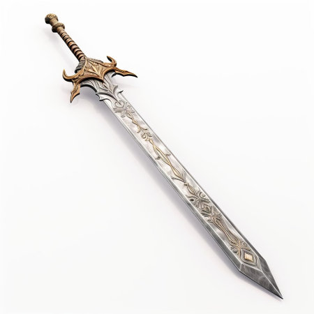 the viking sword, a symbol of norse mythology, stands proudly against a crisp white background, its intricately designed 3d hilt and razor-sharp blade gleaming in the light, evoking the fierce battles and legendary warriors of ancient scandinavia's rich history. ai generatedの素材