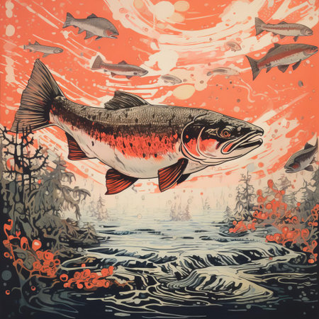 the vibrant salmon-hued background of this printmaking artwork serves as a stunning canvas for the intricate design, showcasing the artist's mastery of color and texture, evoking feelings of warmth and energy, perfect for adding a pop of color to any modern art collection or home decor. ai generatedの素材