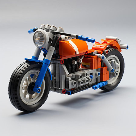 the lego motorcycle, meticulously built with vibrant bricks, sits proudly on a pristine white background, showcasing its intricate details and colorful design, evoking a sense of nostalgia and creativity in this stunning still-life photography. ai generatedの素材