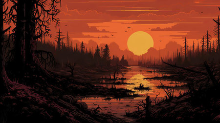 bog, a serene and mystical wetland ecosystem, is beautifully depicted in this 16-bit illustration, showcasing lush green vegetation, twisted tree roots, and misty atmosphere, evoking a sense of tranquility and connection with nature's hidden wonders. ai generatedの素材