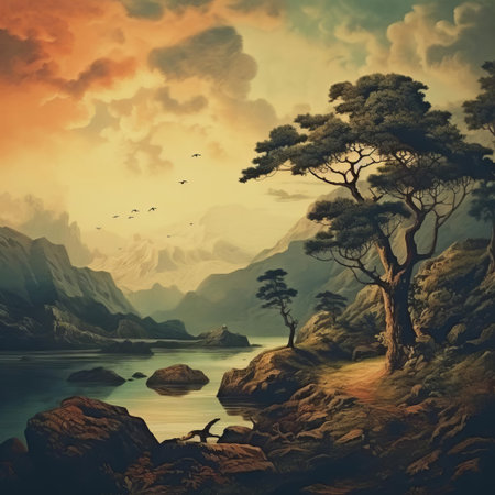 the vintage landscape photograph showcases a serene countryside scene with rolling hills, rustic barns, and a meandering river, evoking a sense of nostalgia and tranquility, perfect for nature lovers and fans of rural scenery, capturing the beauty of a bygone era. ai generatedの素材