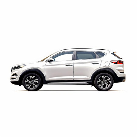 the hyundai tucson, a sleek and modern compact suv, is showcased on a pristine white isolated background, highlighting its chiseled lines, aerodynamic silhouette, and bold front grille, perfect for car enthusiasts and automotive photographers seeking high-quality images of this popular crossover vehicle. ai generatedの素材