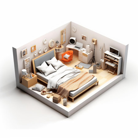the 3d bedroom, set against a pristine white isolated background, showcases a serene and modern interior design, complete with a plush bed, sleek nightstands, and a stylish dresser, perfect for visualizing your dream home decor and furniture arrangement. ai generatedの素材
