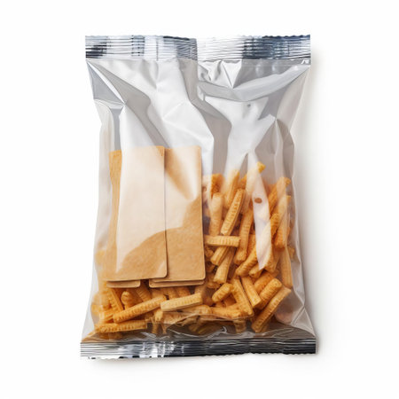 a packet, wrapped in transparent plastic, sits isolated on a pristine white background, showcasing its contents in a clean and minimalist environment, perfect for e-commerce product photography, online shopping, and packaging design inspiration. ai generatedの素材