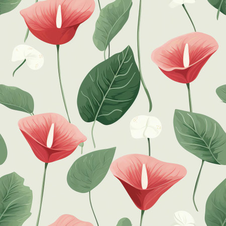 the anthurium plant stands out against a simple, minimal, and vintage-inspired background, showcasing its elegant, heart-shaped flowers and long, slender stems, evoking a sense of nostalgia and sophistication, perfect for nature lovers and fans of retro aesthetics. ai generatedの素材