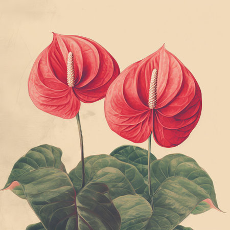 the anthurium plant stands out against a simple, vintage-inspired background, its long-lasting flowers and heart-shaped leaves showcasing its exotic beauty, perfect for nature lovers and photographers seeking a touch of tropical elegance in their designs and compositions. ai generatedの素材