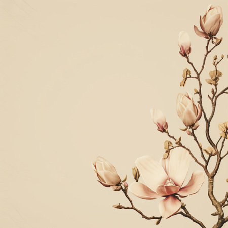 the magnolia flower blooms beautifully against a soft, simple, and minimal vintage background, evoking a sense of classic elegance and timeless sophistication, perfect for adding a touch of nostalgia and romance to any design or decor. ai generatedの素材