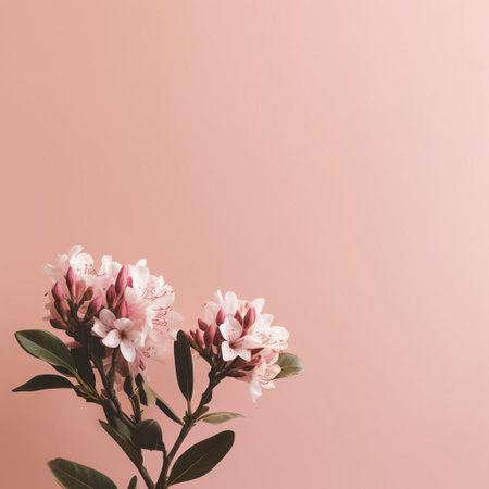 the rhododendron blooms majestically against a soft, muted background, evoking a sense of simplicity and minimalism, reminiscent of a bygone era, with its delicate petals and subtle color palette, perfect for adding a touch of vintage charm to any space or design project. ai generatedの素材