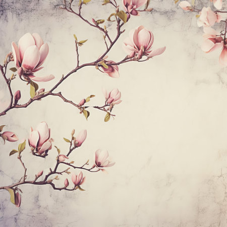 the magnolia flower blooms beautifully against a soft, simple, and vintage-inspired background, evoking a sense of timeless elegance and sophistication, perfect for adding a touch of classic charm to any design or decor, with its delicate petals and subtle color palette. ai generatedの素材