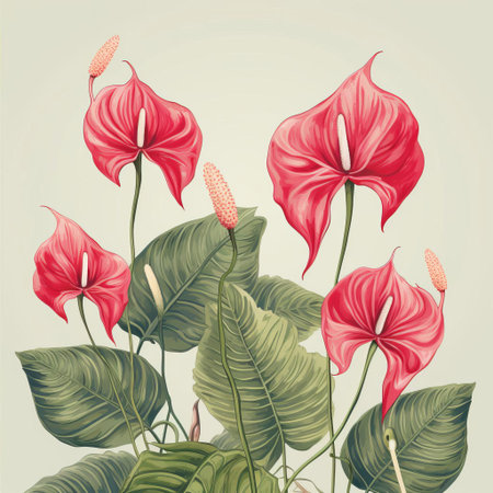 the anthurium plant stands out against a simple, vintage-inspired background, showcasing its elegant, heart-shaped flowers and long-lasting blooms, perfect for adding a touch of tropical elegance to any room's decor, while evoking feelings of nostalgia and serenity. ai generatedの素材