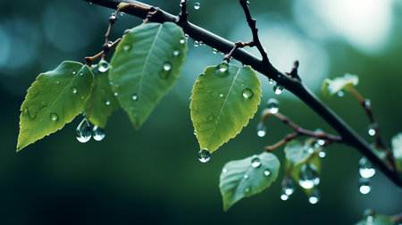 delicate tree branches are adorned with sparkling water drops, glistening in the morning dew, creating a serene and peaceful atmosphere, perfect for a nature-inspired wallpaper, evoking feelings of calmness and tranquility, ideal for a relaxing ambiance in any room. ai generatedの素材