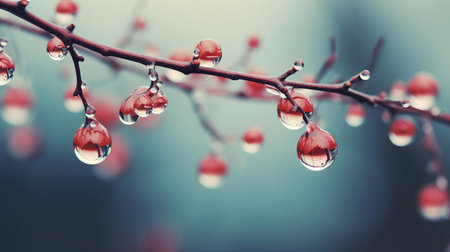 tree branches, adorned with delicate water drops, glisten in the morning dew, creating a serene and peaceful atmosphere, perfect for a nature-inspired wallpaper, evoking feelings of calmness and tranquility, ideal for a relaxing desktop or mobile background. ai generatedの素材