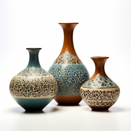 the iranian art pottery, adorned with intricate patterns and vibrant colors, sits elegantly on a pristine white isolated background, showcasing the country's rich cultural heritage and exceptional craftsmanship in ceramics, pottery, and decorative art forms. ai generatedの素材