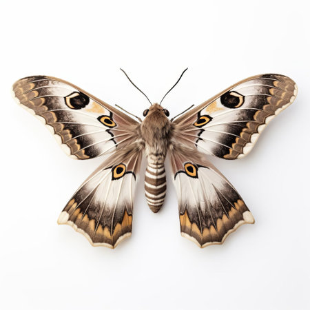 a delicate 3d moth perches on a pristine white isolated background, its intricate wings and antennae meticulously detailed, showcasing the beauty of entomology and the wonders of macro photography, perfect for nature enthusiasts and designers seeking high-quality insect imagery. ai generatedの素材