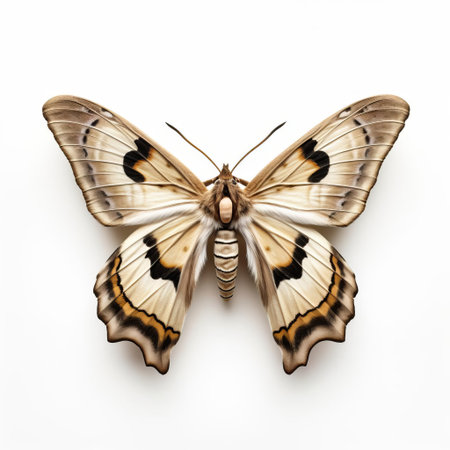 the 3d moth, with its intricately designed wings and delicate body, perches elegantly on a pristine white isolated background, showcasing its natural beauty and fascinating details, perfect for nature enthusiasts, photographers, and designers seeking high-quality insect imagery for their projects. ai generatedの素材