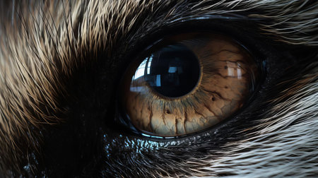 the raccoon's piercing gaze is captivating in this super realistic eye photo, showcasing its distinctive black and white mask-like markings and expressive brown iris, evoking a sense of curiosity and intelligence, perfect for nature and wildlife enthusiasts. ai generatedの素材