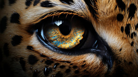 the leopard eye gazes intensely, its super realistic details and vibrant yellow irises capturing the essence of the wild, with intricate eyelashes and a subtle glint that seems almost lifelike, evoking the majesty of the african savannah and the stealth of a predator in its natural habitat. ai generatedの素材