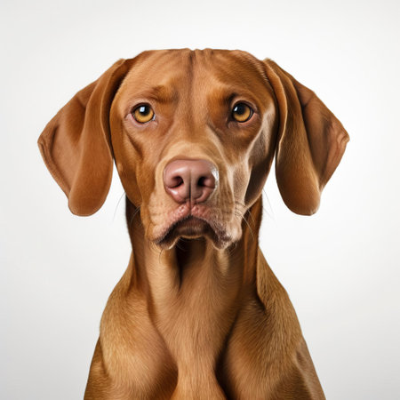 the vizsla, a sleek and agile hungarian hunting dog, poses elegantly against a pristine white background, showcasing its distinctive rusty-gold coat and energetic demeanor, perfect for dog lovers and photography enthusiasts alike, highlighting the breed's athletic build and striking features. ai generatedの素材