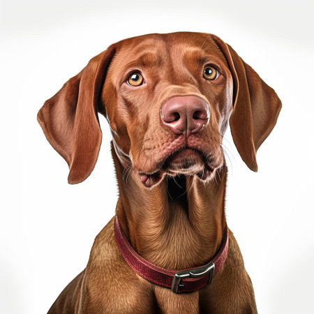 the vizsla, a sleek and energetic hungarian hunting dog breed, poses majestically against a crisp white background, showcasing its distinctive rusty-red coat and athletic build, perfect for outdoor enthusiasts and dog lovers alike, highlighting its intelligence, agility, and loyal nature. ai generatedの素材
