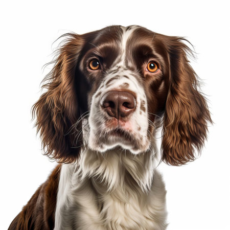 the springer spaniel, with its gentle eyes and floppy ears, poses elegantly against a pristine white background, showcasing its beautiful liver and white coat, highlighting its friendly and outgoing personality, perfect for families and hunters alike, in this stunning canine portrait photography. ai generatedの素材