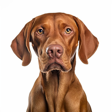 the vizsla, a sleek and agile hungarian hunting dog, poses elegantly against a pristine white background, showcasing its distinctive rusty-red coat and athletic build, perfect for outdoor enthusiasts and dog lovers alike, highlighting its intelligence, energy, and loyalty. ai generatedの素材