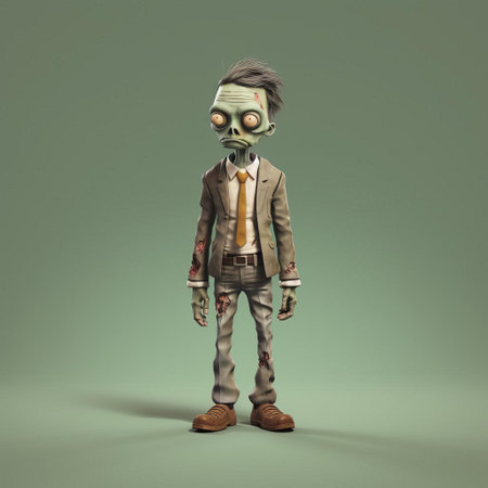the undead minimalist 3d character, a zombie, stands upright with a gaunt full body, showcasing a simplified yet eerie design, perfect for animations, video games, and horror-themed projects, featuring a blend of spooky and modern digital art styles. ai generatedの素材