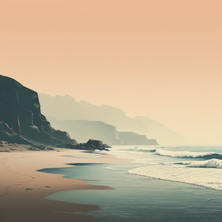 the serene coastline stretches calmly, featuring a minimalist landscape of soft sandy dunes, gentle waves, and a clear blue sky, evoking a sense of peacefulness and tranquility, perfect for relaxation and meditation, with the sound of seagulls echoing in the distance. ai generatedの素材