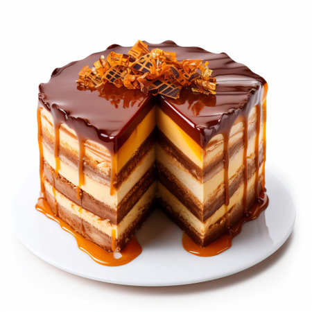 the dobos torte, a traditional hungarian dessert, sits elegantly on a pristine white background, showcasing its signature layered structure and caramelized sugar crust, perfect for special occasions and coffee breaks, evoking feelings of nostalgia and sophistication. ai generatedの素材