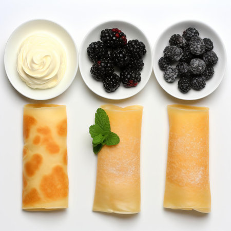 the blintz, a traditional eastern european dish, sits elegantly on a pristine white background, showcasing its delicate crepe wrapper wrapped around a savory filling of sweet cheese and fresh fruit, perfect for a springtime brunch or breakfast gathering. ai generatedの素材