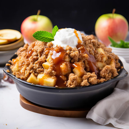 apple brown betty, a classic american dessert, sits elegantly on a pristine white background, showcasing its layered composition of tender apples, sweet brown sugar, and crispy buttered breadcrumbs, perfect for a warm and comforting treat on a chilly autumn evening. ai generatedの素材