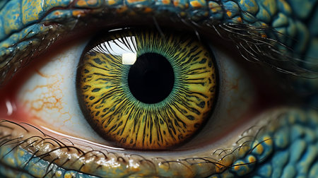 the chameleon eye gazes intensely, its super realistic texture and coloration mimicking the master of disguise's ability to blend into its surroundings, showcasing the intricate details of its scaly skin and vibrant, golden iris, a true marvel of nature's camouflage artistry. ai generatedの素材