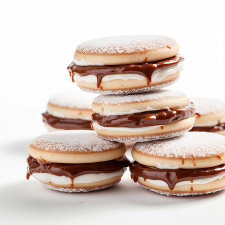 alfajores, traditional south american cookies, sit elegantly on a pristine white background, showcasing their crumbly texture and delicate powdered sugar coating, perfect for dunking in coffee or tea, and making a delicious treat for any occasion, especially during festive holidays and celebrations. ai generatedの素材
