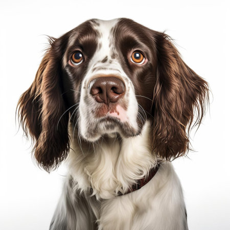 the springer spaniel, with its gentle eyes and floppy ears, poses elegantly against a crisp white background, showcasing its beautiful liver and white coat, highlighting its friendly and outgoing personality, a perfect representation of this popular breed's charm and affectionate nature. ai generatedの素材