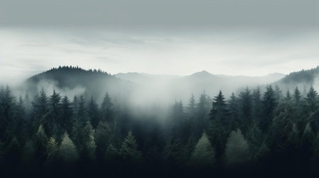 the forest stands serene, its lush green trees stretching towards the sky, surrounded by a misty atmosphere, evoking a sense of tranquility and calmness, perfect for nature lovers and outdoor enthusiasts seeking a peaceful escape from the hustle and bustle of city life. ai generatedの素材