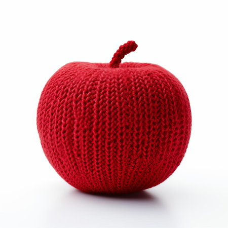 the knitted apple, crafted with precision and care, sits isolated on a pristine white background, showcasing its vibrant red color and intricate texture, perfect for autumnal or harvest-themed designs, and ideal for use in food, fruit, or craft-related visual projects. ai generatedの素材