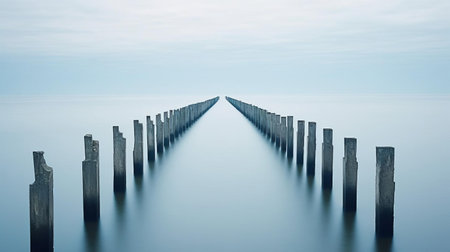 the sea stretches calmly towards the horizon, its gentle waves rolling onto the sandy shore, as captured by photographer akos major, showcasing the serene beauty of the ocean's vast expanse, perfect for relaxation and tranquility, evoking feelings of peace and freedom. ai generatedの素材