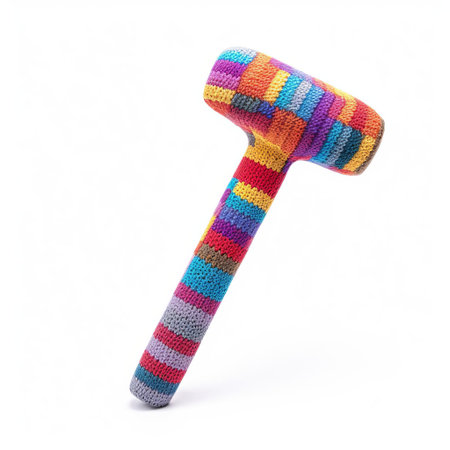 a knitted hammer sits isolated on a pristine white background, showcasing the creative blend of textile art and tool design, perfect for craft enthusiasts and diy lovers seeking unique decorative accents or humorous gift ideas for the handy person in their life. ai generatedの素材