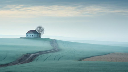 rural area scenery captured in a serene photograph, showcasing a picturesque landscape of rolling hills, lush green forests, and meandering streams, evoking a sense of tranquility and connection with nature, perfect for those seeking a peaceful escape from urban life. ai generatedの素材