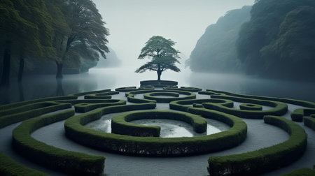 the serene landscape gardening scene, captured by akos major, showcases a harmonious blend of lush greenery, vibrant flowers, and meandering pathways, evoking a sense of tranquility and relaxation, perfect for outdoor living and backyard oasis inspiration, highlighting the beauty of natural landscaping and garden design. ai generatedの素材